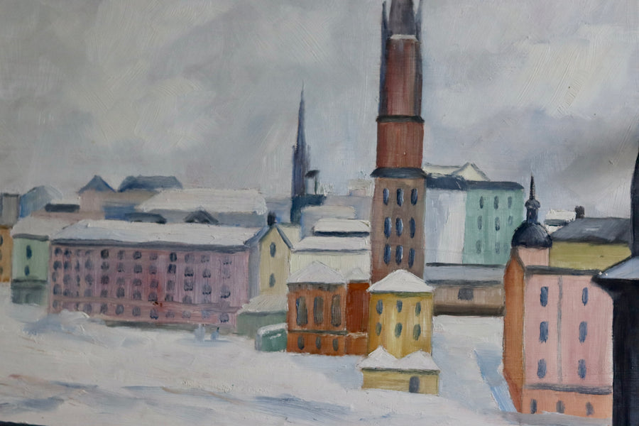 1940's Original Swedish Mid-Century Oil on Panel " Stockholm Riddarholmen" by WÅGE ALBRÅTEN (1895-1968) - Framed Noah Ancienne