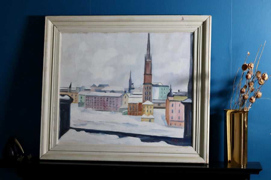 1940's Original Swedish Mid-Century Oil on Panel " Stockholm Riddarholmen" by WÅGE ALBRÅTEN (1895-1968) - Framed Noah Ancienne