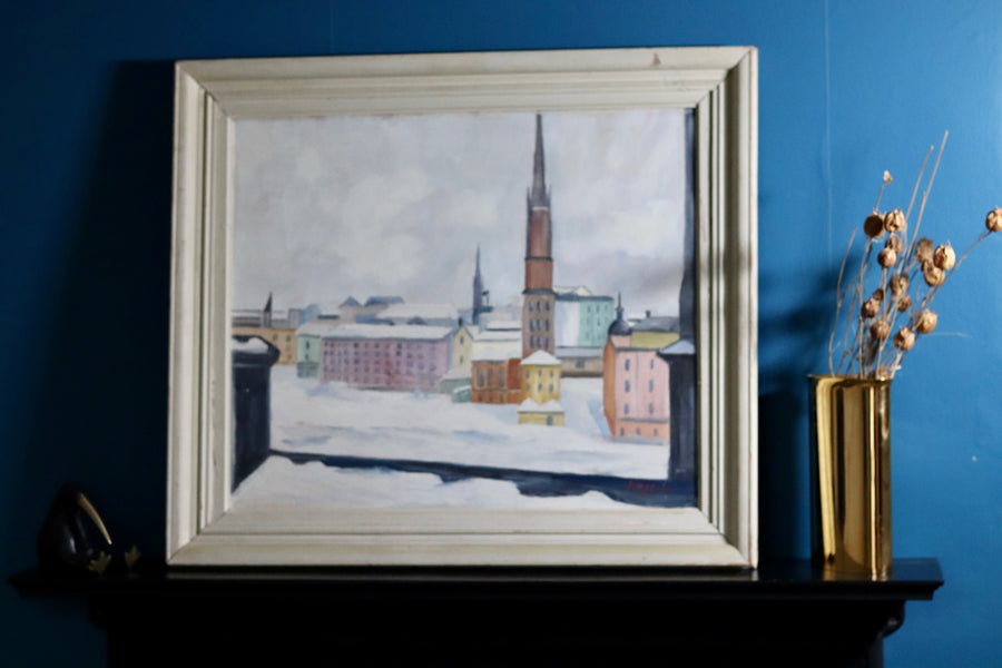 1940's Original Swedish Mid-Century Oil on Panel " Stockholm Riddarholmen" by WÅGE ALBRÅTEN (1895-1968) - Framed Noah Ancienne