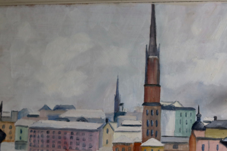 1940's Original Swedish Mid-Century Oil on Panel " Stockholm Riddarholmen" by WÅGE ALBRÅTEN (1895-1968) - Framed Noah Ancienne