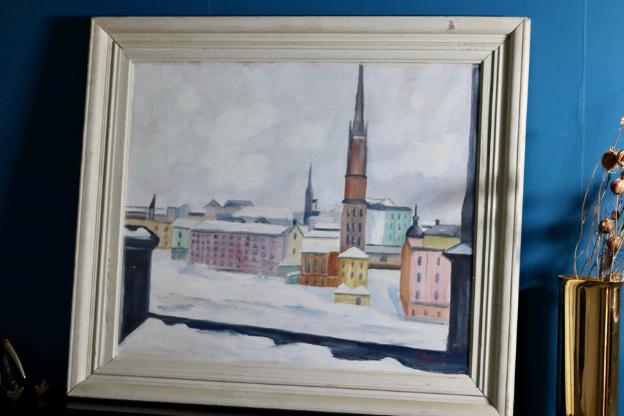 1940's Original Swedish Mid-Century Oil on Panel " Stockholm Riddarholmen" by WÅGE ALBRÅTEN (1895-1968) - Framed Noah Ancienne