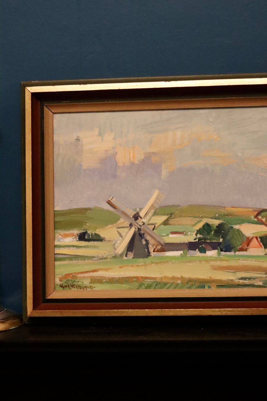 1940's Original Swedish Modernist Oil Painting"Landscape With Windmill" by Gerhard Wihlborg - Vintage & Framed Noah Ancienne