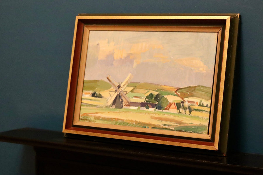 1940's Original Swedish Modernist Oil Painting"Landscape With Windmill" by Gerhard Wihlborg - Vintage & Framed Noah Ancienne