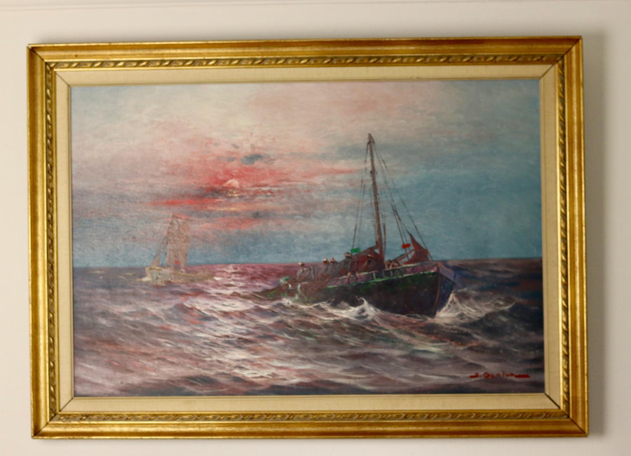 1950's Swedish Mid-Century Oil On Canvas " Sailing at Sunset " by Johan Ossian Andersson (1889-1975) --Vintage & Framed Noah Ancienne