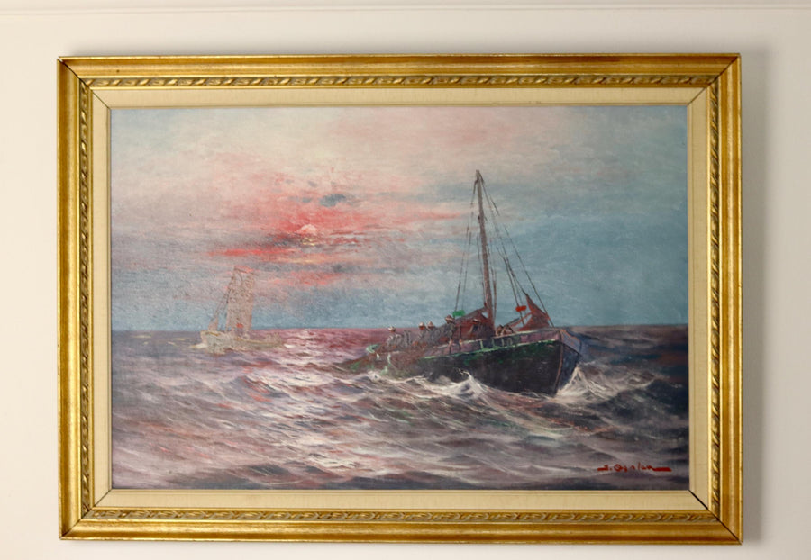 1950's Swedish Mid-Century Oil On Canvas " Sailing at Sunset " by Johan Ossian Andersson (1889-1975) --Vintage & Framed Noah Ancienne