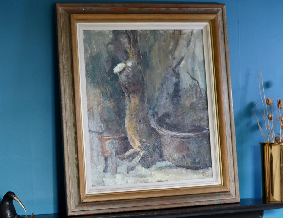 1960's Original Swedish Modernist Oil on Canvas " Study of Hunters Game Rabbit" by Johan Bladh - Vintage & Framed Noah Ancienne