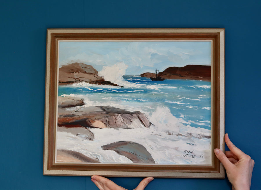 1960's Original Swedish Modernist Oil on Canvas " Waves" by Sten Sture - Vintage & Framed Noah Ancienne