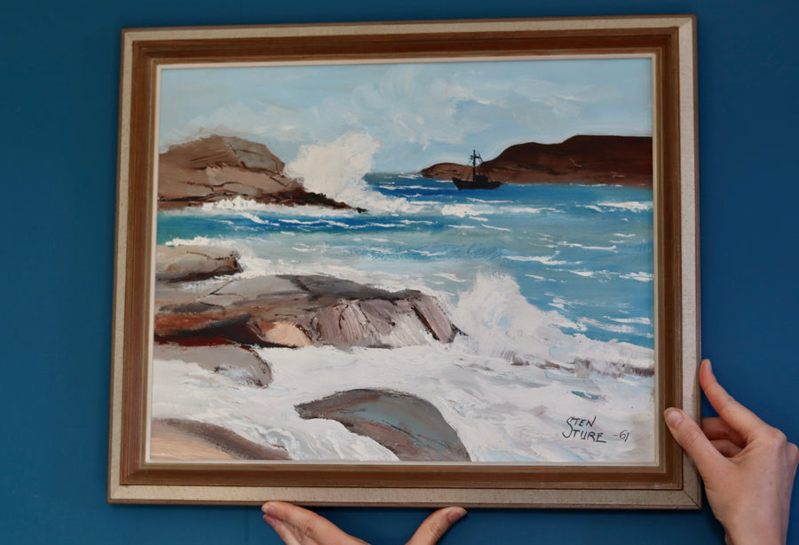 1960's Original Swedish Modernist Oil on Canvas " Waves" by Sten Sture - Vintage & Framed Noah Ancienne