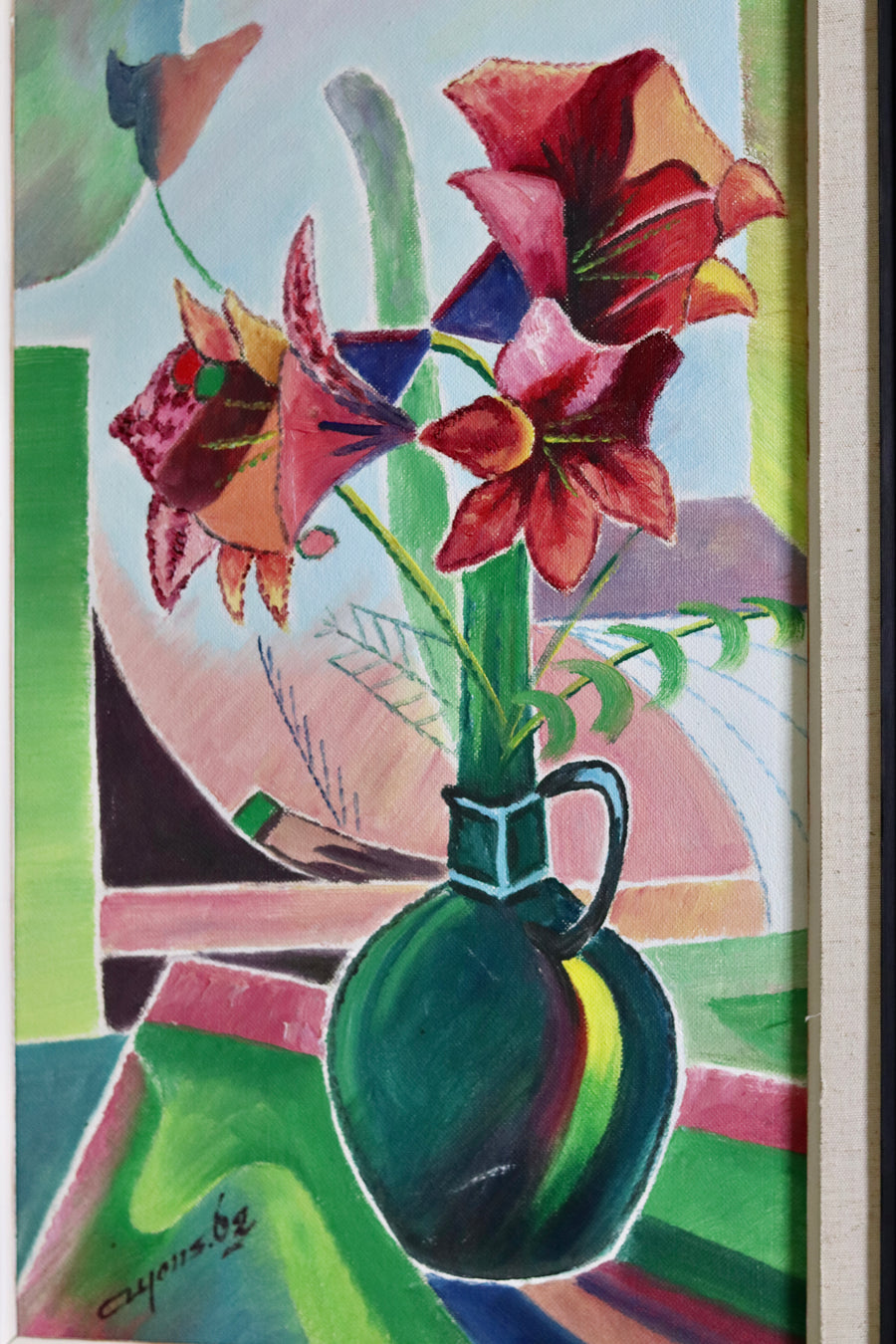 1960's Original Swedish Modernist Still Oil on Panel " Flowers " by Sigfrid Alfons Carlsson - Vintage & Framed Noah Ancienne