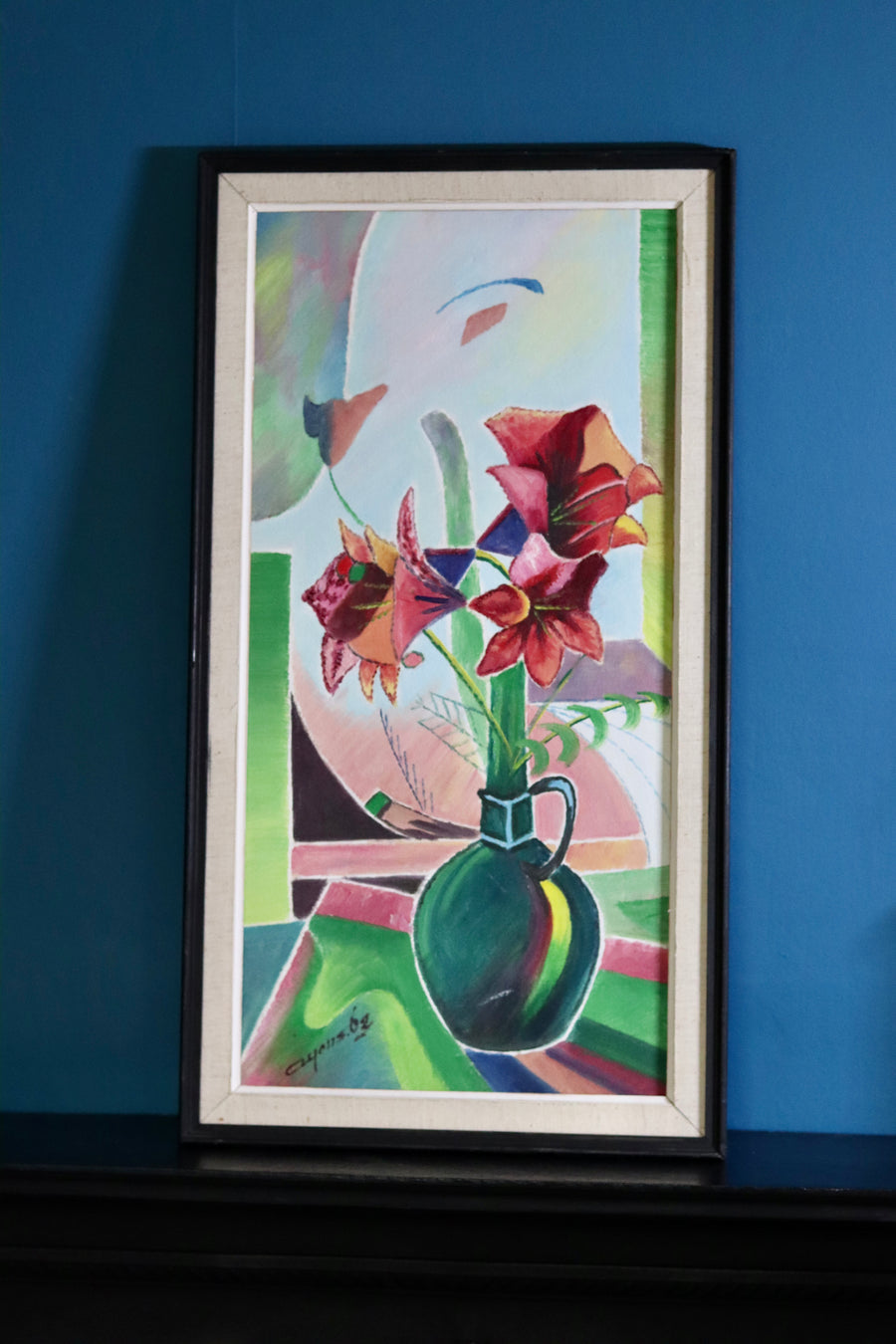 1960's Original Swedish Modernist Still Oil on Panel " Flowers " by Sigfrid Alfons Carlsson - Vintage & Framed Noah Ancienne