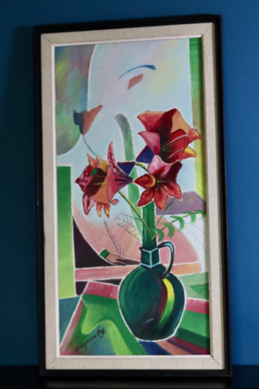 1960's Original Swedish Modernist Still Oil on Panel " Flowers " by Sigfrid Alfons Carlsson - Vintage & Framed Noah Ancienne