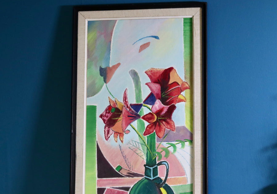 1960's Original Swedish Modernist Still Oil on Panel " Flowers " by Sigfrid Alfons Carlsson - Vintage & Framed Noah Ancienne