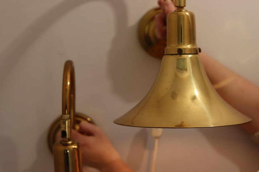 1960's Pair of Statement Trump Shape Lights in Brass, designed by Börje Claes for Norlett Elit. Noah Ancienne