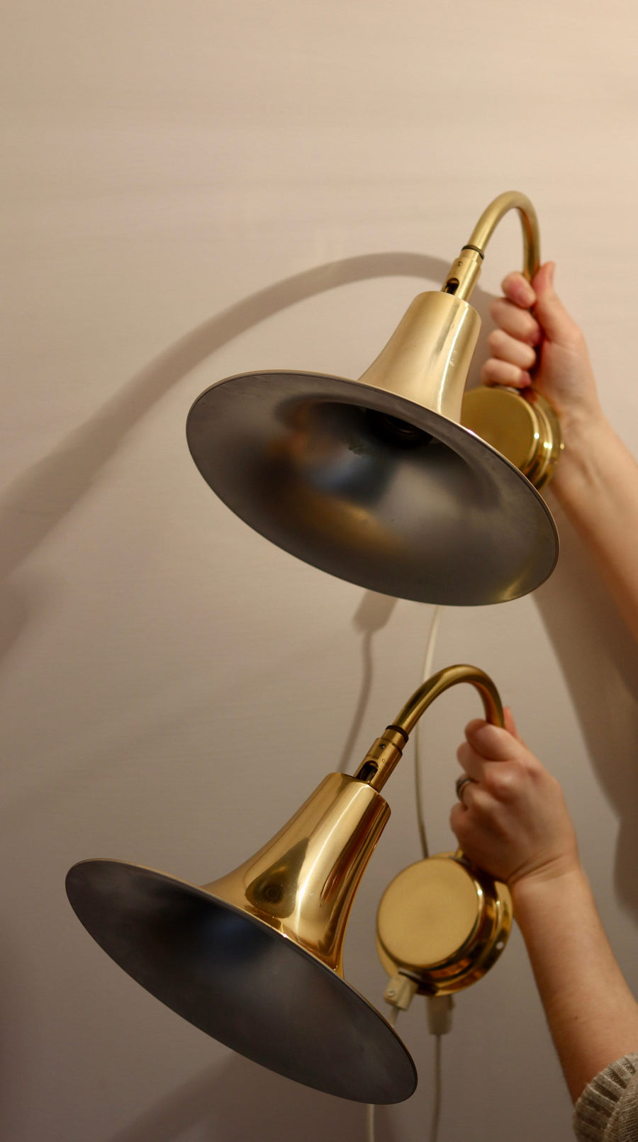 1960's Pair of Statement Trump Shape Lights in Brass, designed by Börje Claes for Norlett Elit. Noah Ancienne