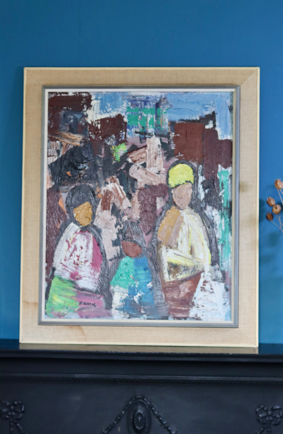 1970's Large Swedish Modernist Oil Painting" Buildings and Figures "by Gösta Falck- Vintage & Framed Noah Ancienne