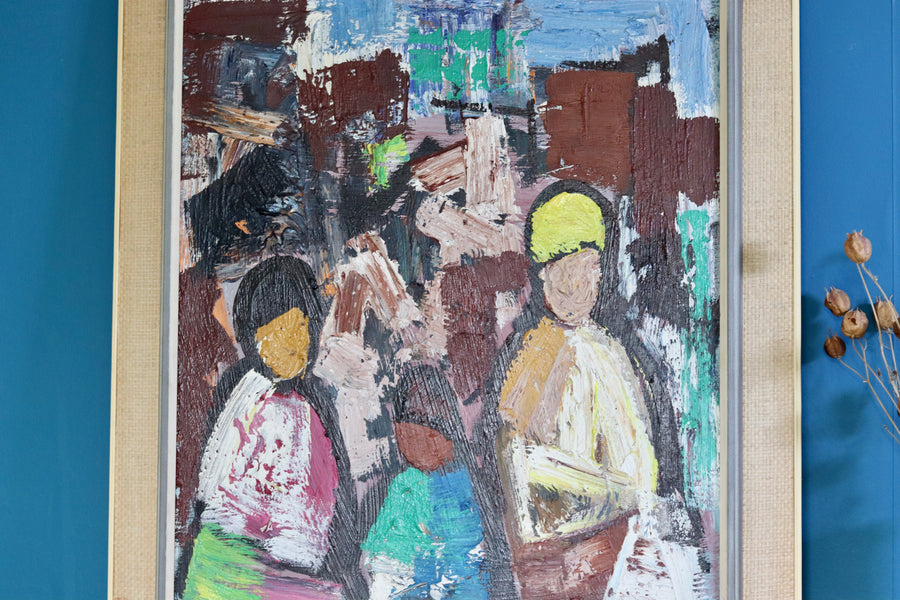 1970's Large Swedish Modernist Oil Painting" Buildings and Figures "by Gösta Falck- Vintage & Framed Noah Ancienne