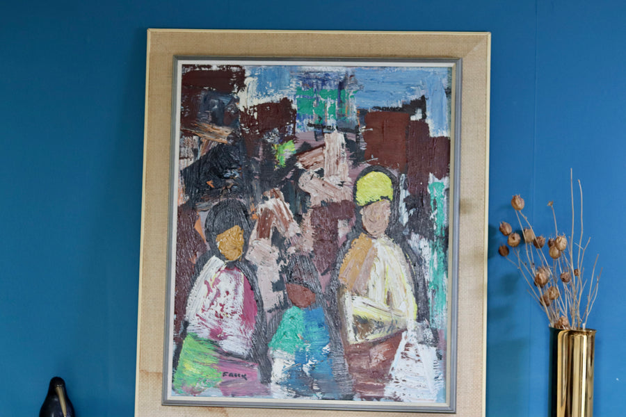 1970's Large Swedish Modernist Oil Painting" Buildings and Figures "by Gösta Falck- Vintage & Framed Noah Ancienne