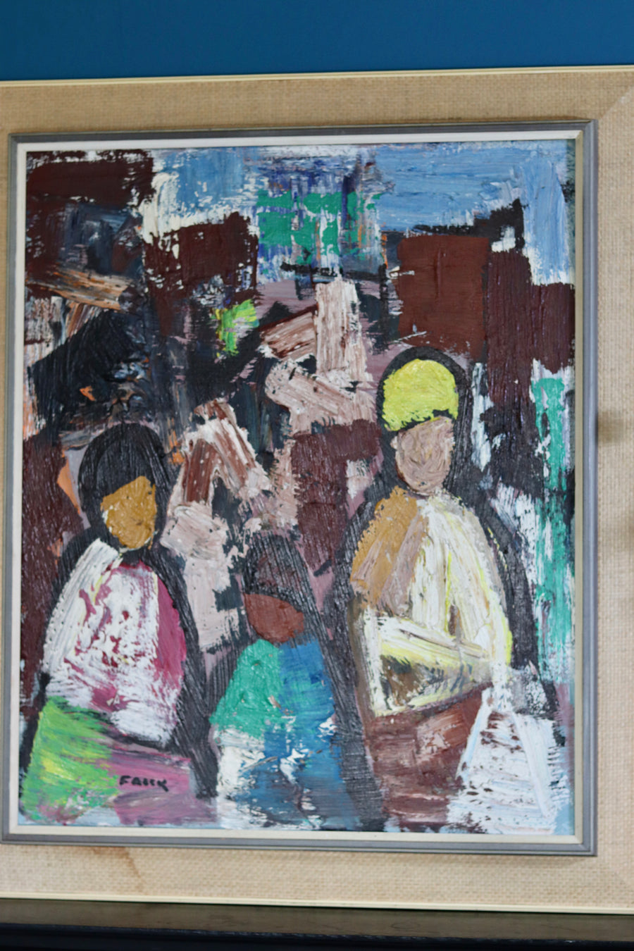 1970's Large Swedish Modernist Oil Painting" Buildings and Figures "by Gösta Falck- Vintage & Framed Noah Ancienne