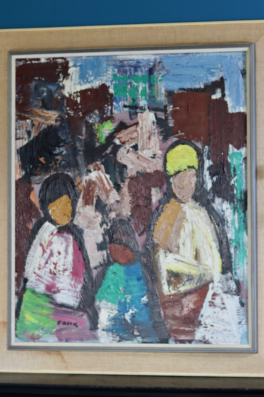 1970's Large Swedish Modernist Oil Painting" Buildings and Figures "by Gösta Falck- Vintage & Framed Noah Ancienne