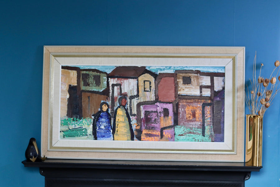 1970's Large Swedish Modernist Oil Painting" Houses and Figures "by Gösta Falck- Vintage & Framed Noah Ancienne