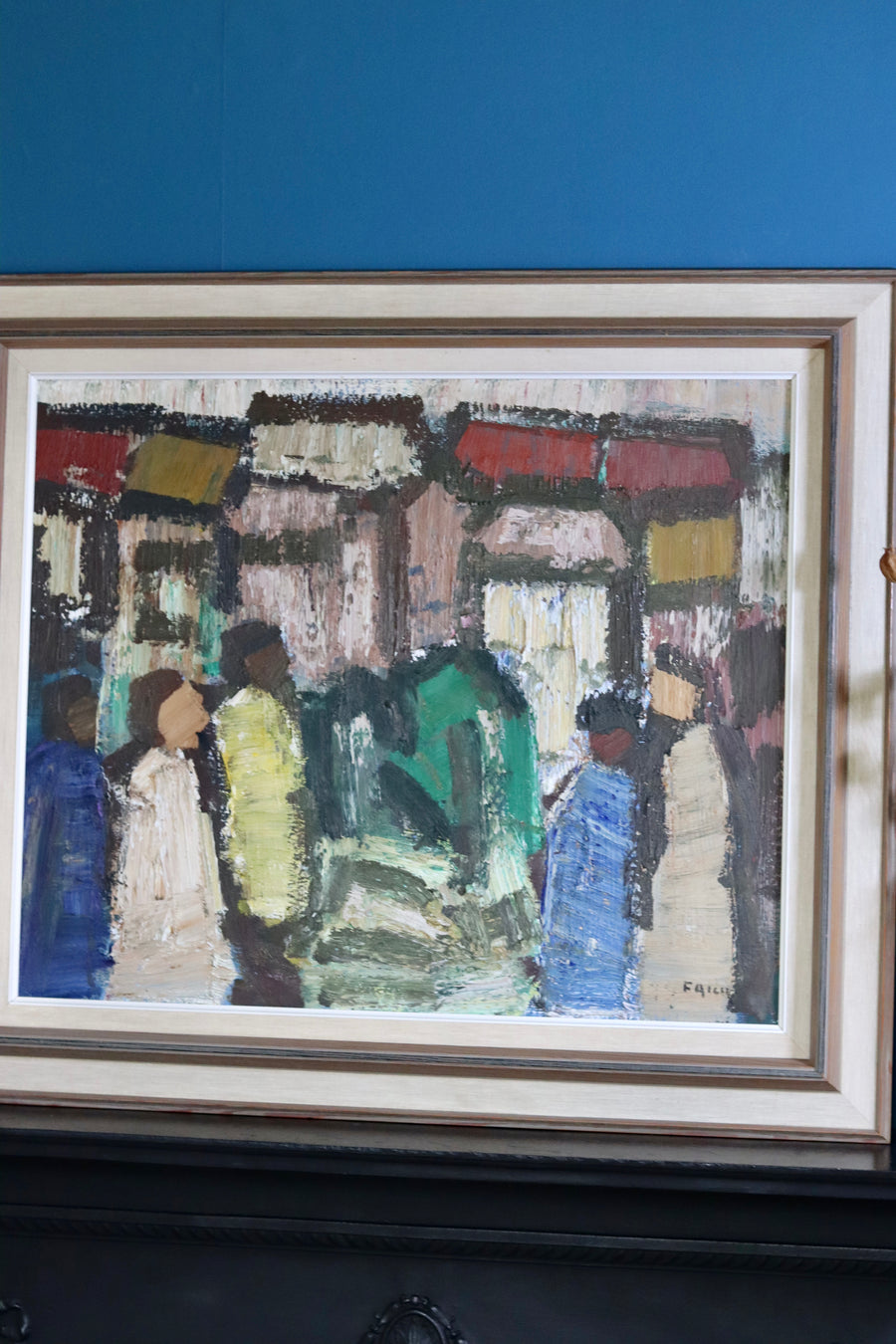 1970's Large Swedish Modernist Oil Painting" Houses and Figures "by Gösta Falck- Vintage & Framed Noah Ancienne