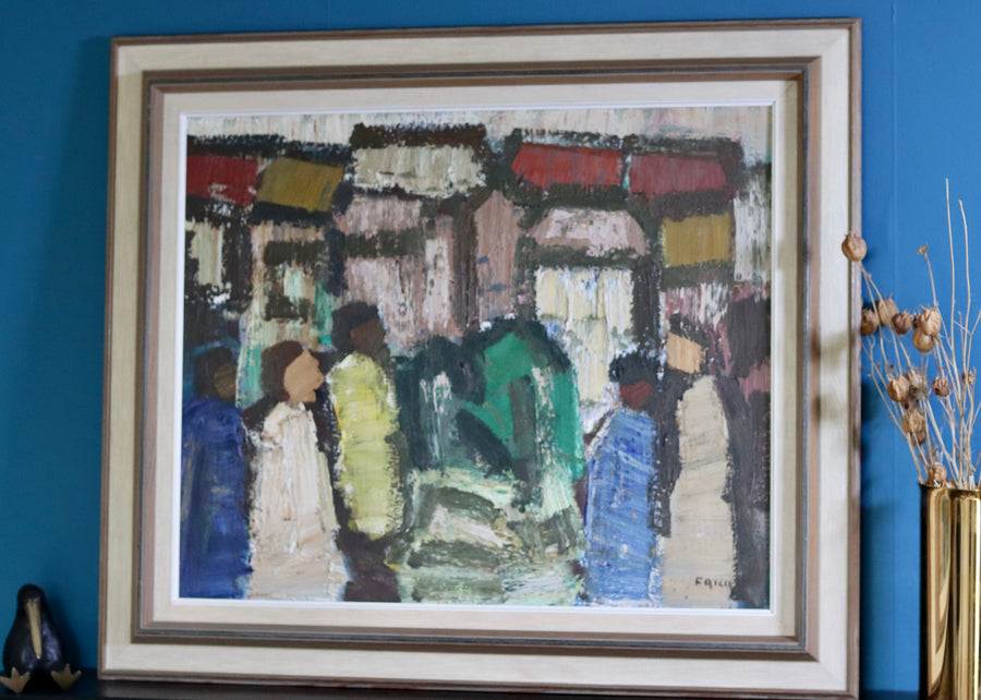 1970's Large Swedish Modernist Oil Painting" Houses and Figures "by Gösta Falck- Vintage & Framed Noah Ancienne