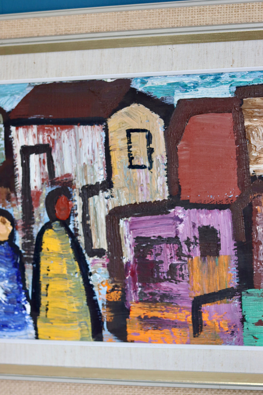 1970's Large Swedish Modernist Oil Painting" Houses and Figures "by Gösta Falck- Vintage & Framed Noah Ancienne