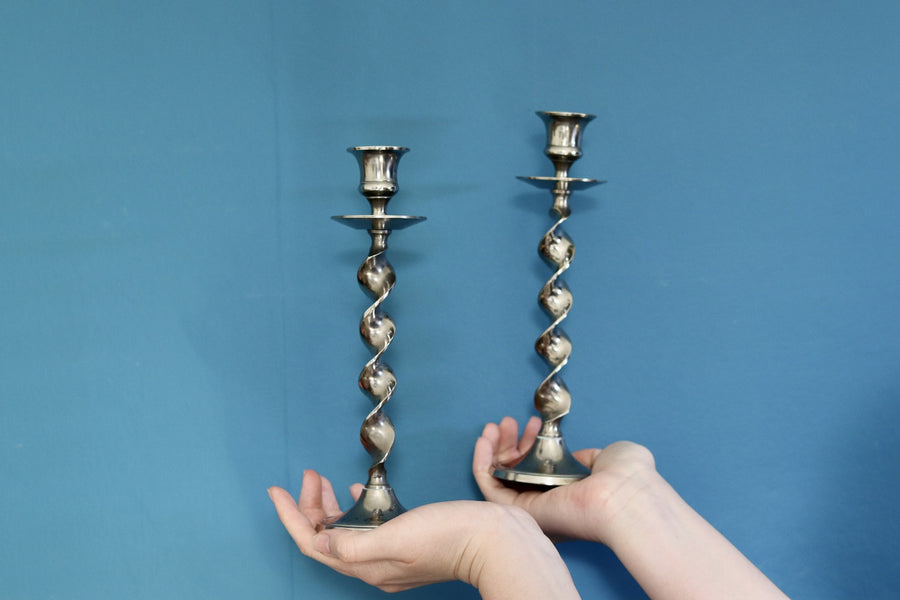 A Pair of Pewter Barley Twist Candlestick Holder Noah Ancienne