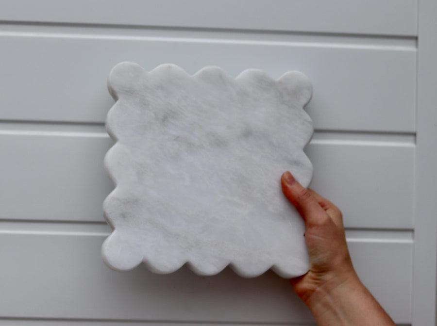 Bianca – White Square Scallop Marble Tray | W20cm H 1cm Noah Ancienne