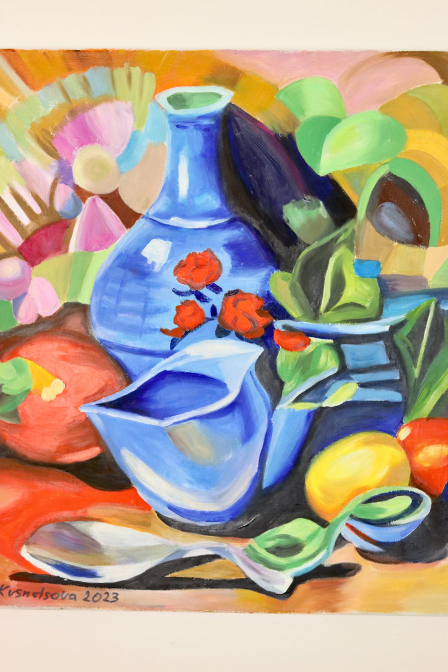 Cubist Style Oil On Canvas Painting" Vivid Still Life with Blue Vase" By by L. Krasnodseva- Unframed Noah Ancienne