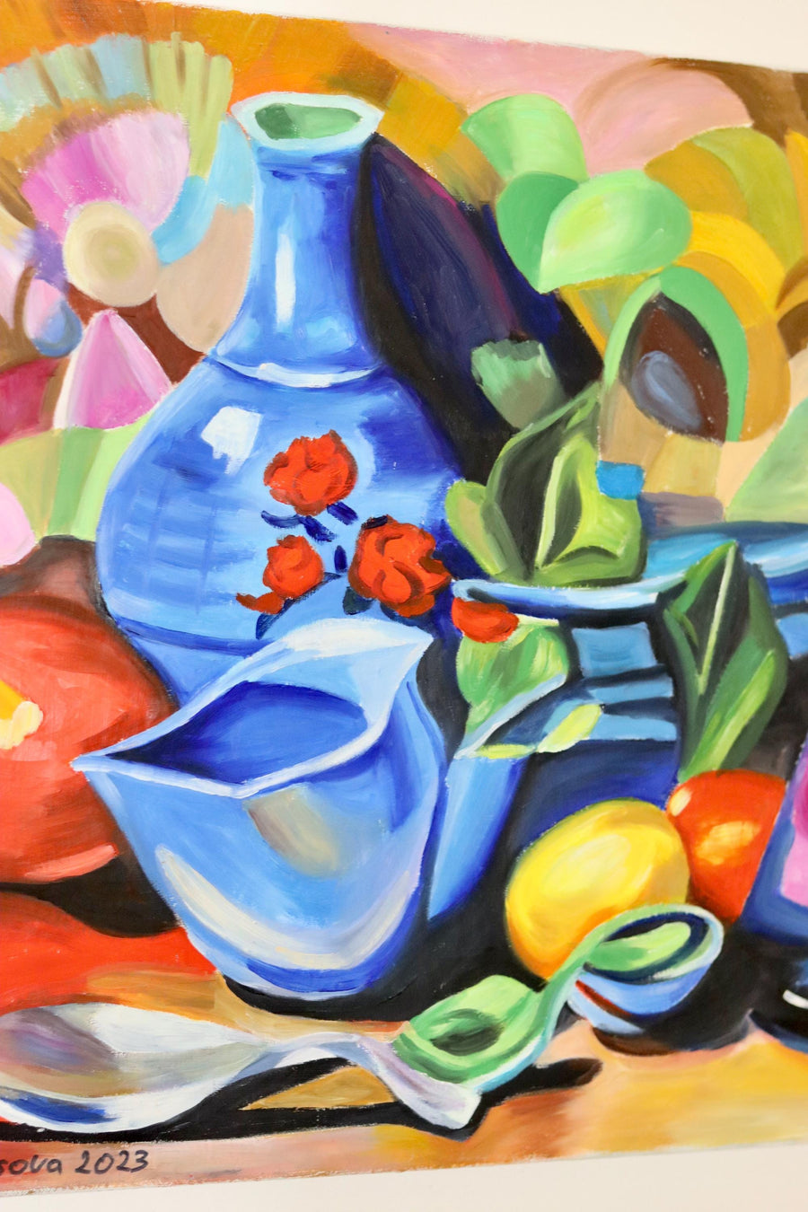 Cubist Style Oil On Canvas Painting" Vivid Still Life with Blue Vase" By by L. Krasnodseva- Unframed Noah Ancienne