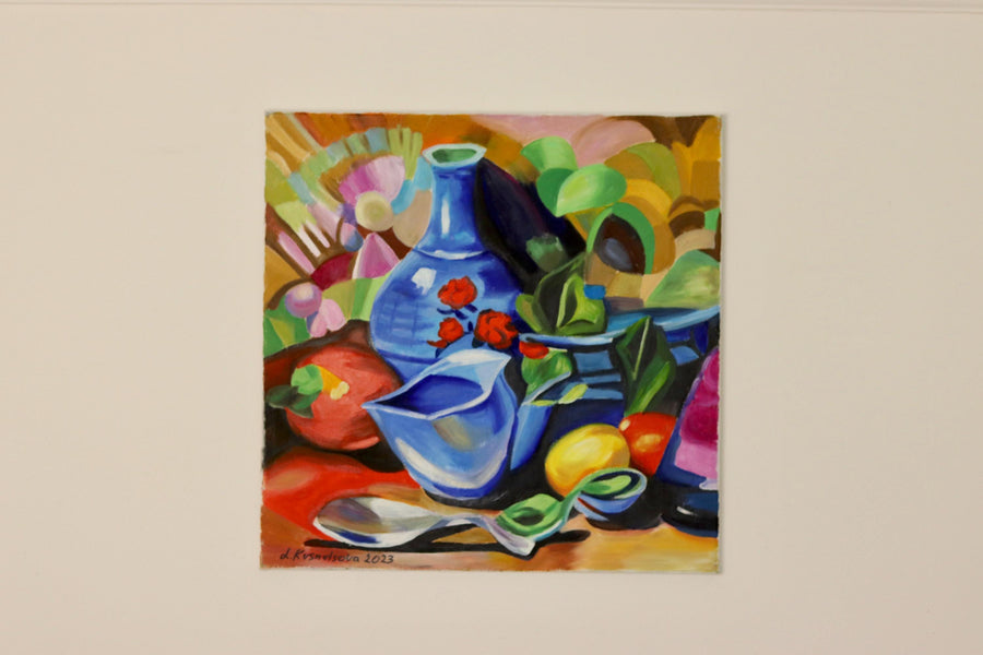 Cubist Style Oil On Canvas Painting" Vivid Still Life with Blue Vase" By by L. Krasnodseva- Unframed Noah Ancienne