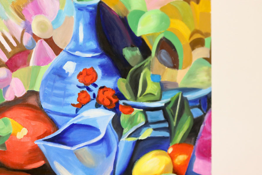 Cubist Style Oil On Canvas Painting" Vivid Still Life with Blue Vase" By by L. Krasnodseva- Unframed Noah Ancienne