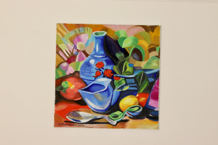 Cubist Style Oil On Canvas Painting" Vivid Still Life with Blue Vase" By by L. Krasnodseva- Unframed Noah Ancienne