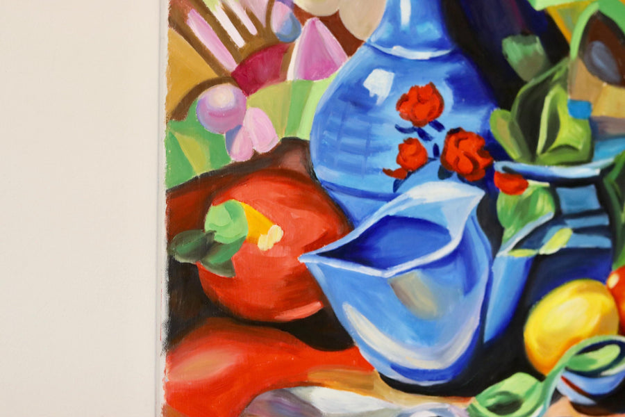 Cubist Style Oil On Canvas Painting" Vivid Still Life with Blue Vase" By by L. Krasnodseva- Unframed Noah Ancienne