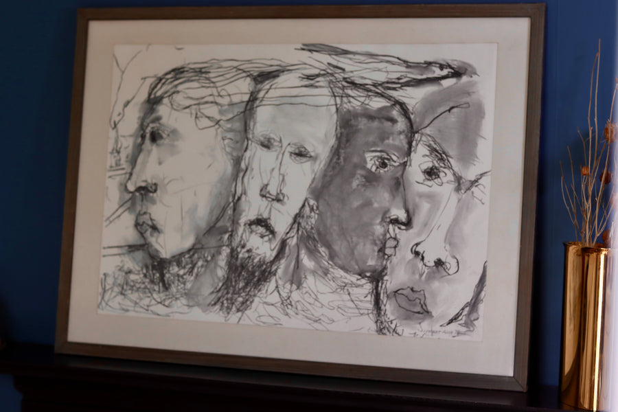 Large Swedish Mix Media Portrait " Faces "by Lennart Ason (1920 - 1992)- Vintage & Framed Noah Ancienne