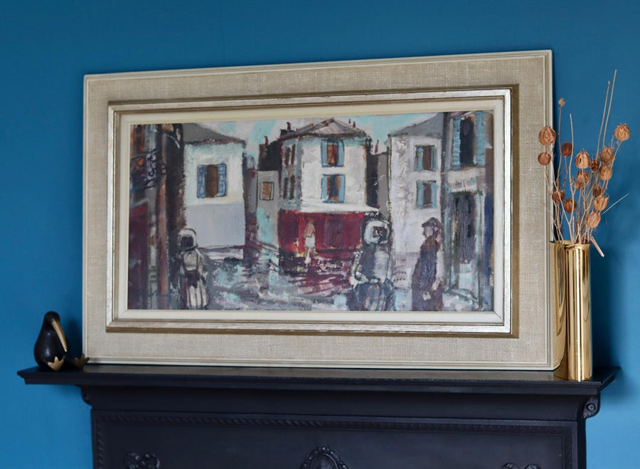 Mid-Century Oil on Canvas" Figures and Houses "Bertil Whalberg (1899-1984)- Vintage & Framed Noah Ancienne