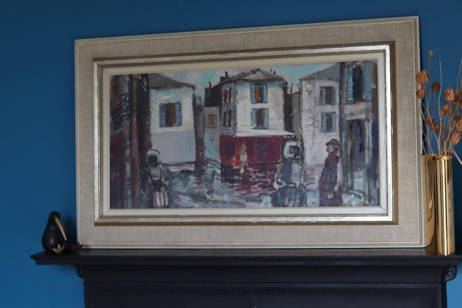 Mid-Century Oil on Canvas" Figures and Houses "Bertil Whalberg (1899-1984)- Vintage & Framed Noah Ancienne