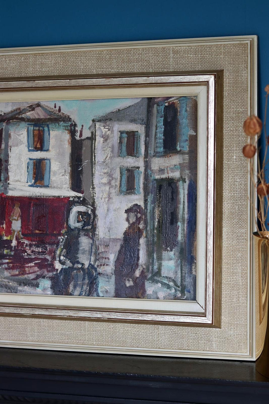 Mid-Century Oil on Canvas" Figures and Houses "Bertil Whalberg (1899-1984)- Vintage & Framed Noah Ancienne