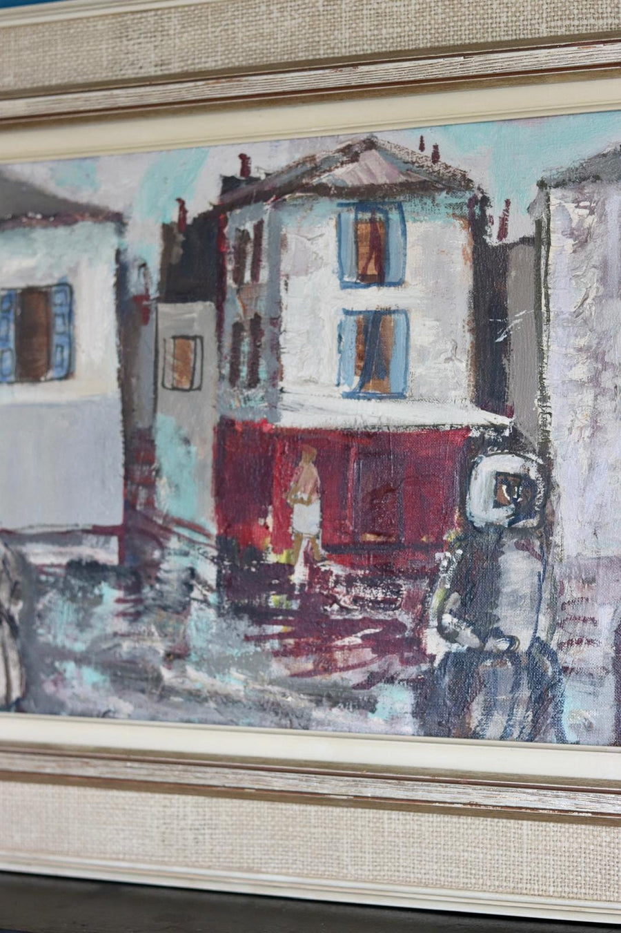 Mid-Century Oil on Canvas" Figures and Houses "Bertil Whalberg (1899-1984)- Vintage & Framed Noah Ancienne