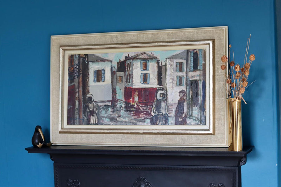 Mid-Century Oil on Canvas" Figures and Houses "Bertil Whalberg (1899-1984)- Vintage & Framed Noah Ancienne