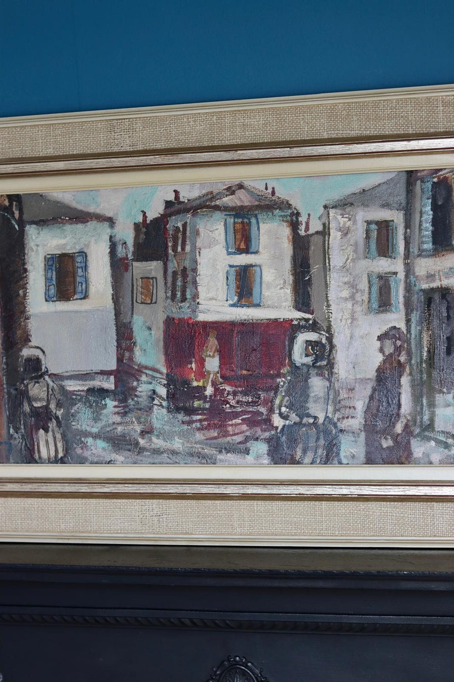 Mid-Century Oil on Canvas" Figures and Houses "Bertil Whalberg (1899-1984)- Vintage & Framed Noah Ancienne