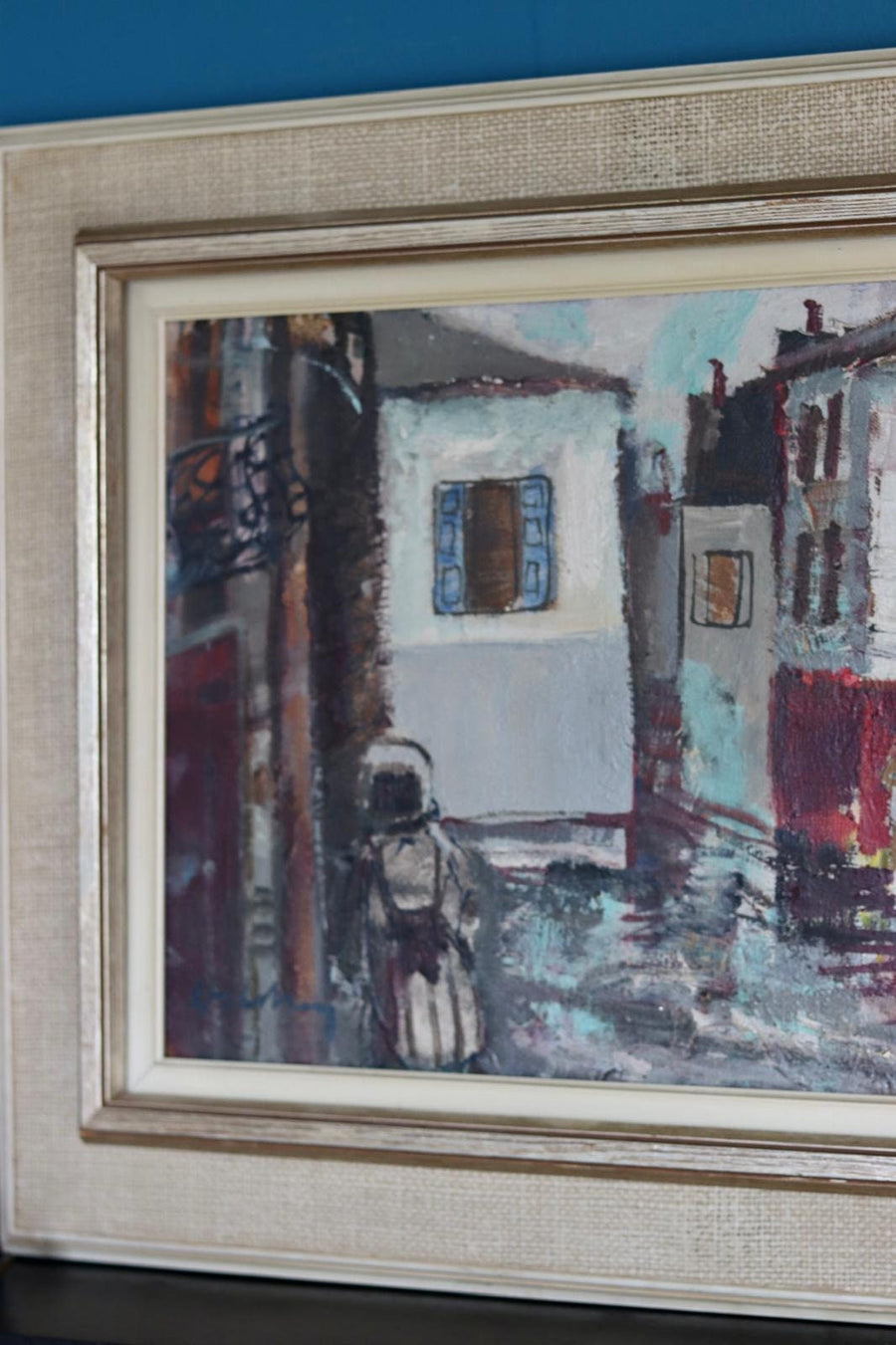 Mid-Century Oil on Canvas" Figures and Houses "Bertil Whalberg (1899-1984)- Vintage & Framed Noah Ancienne