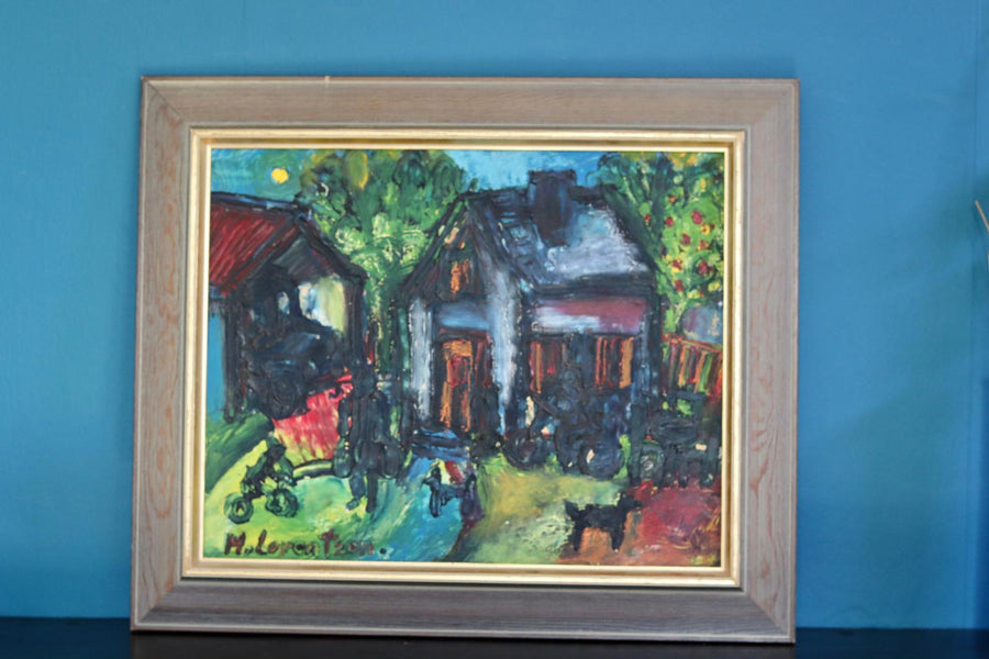 Mid-Century Oil on Panel " Home" by Monica Lorentzen- Framed Noah Ancienne