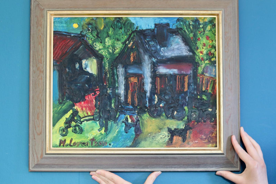 Mid-Century Oil on Panel " Home" by Monica Lorentzen- Framed Noah Ancienne