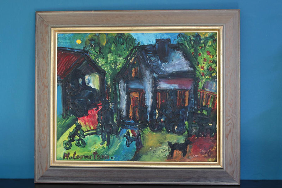 Mid-Century Oil on Panel " Home" by Monica Lorentzen- Framed Noah Ancienne