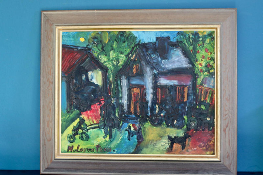 Mid-Century Oil on Panel " Home" by Monica Lorentzen- Framed Noah Ancienne