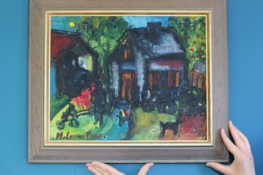 Mid-Century Oil on Panel " Home" by Monica Lorentzen- Framed Noah Ancienne