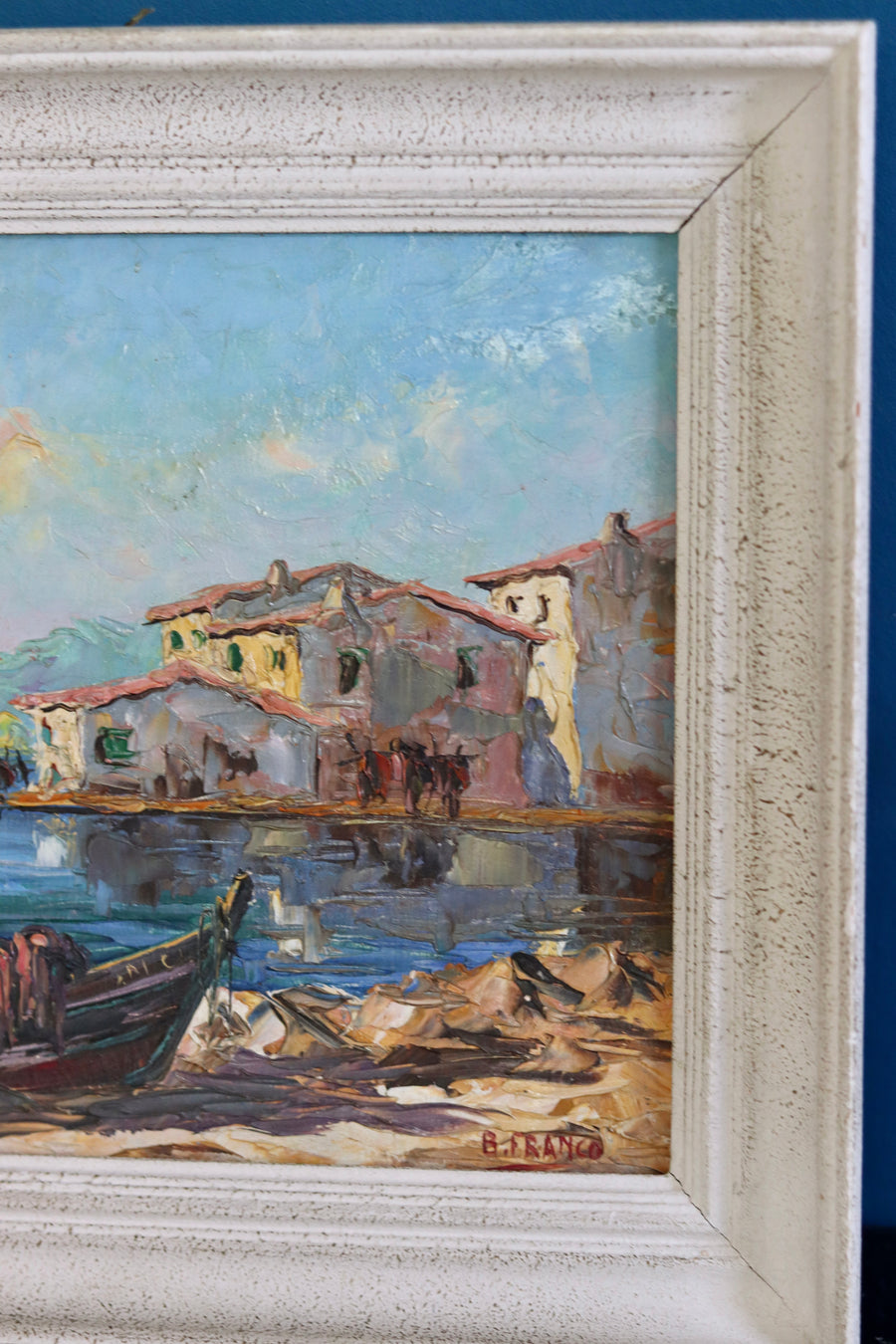 Mid-Century Style Oil On Panel Painting "Harbour with buildings " By B Franco Vintage & Framed Noah Ancienne