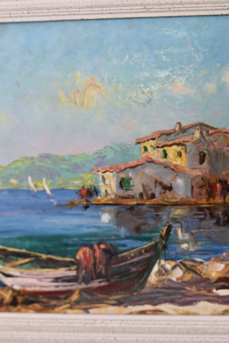 Mid-Century Style Oil On Panel Painting "Harbour with buildings " By B Franco Vintage & Framed Noah Ancienne